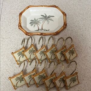 Palm Tree Shower Curtain Hooks and Soap Dish Set